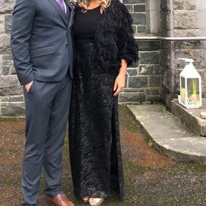 Black sequins dress by Marina. Size 12. Worn 1x. Dress only - no feather jacket